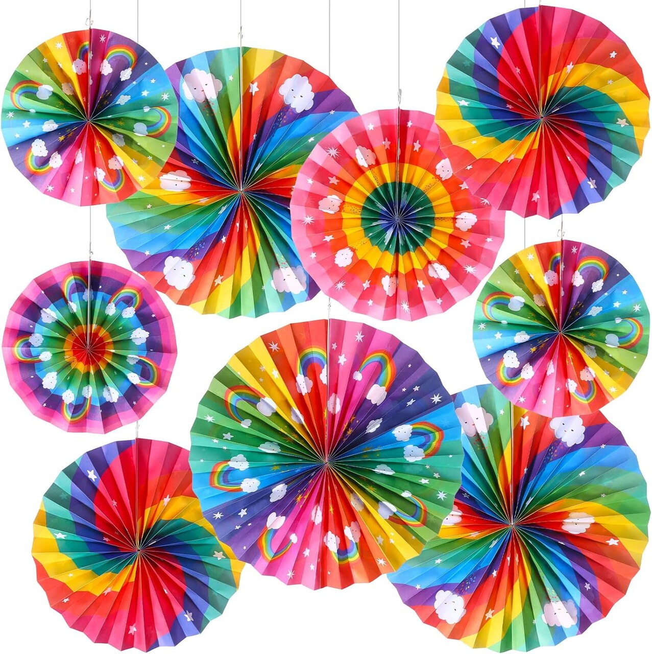 9 Pcs Rainbow Party Decorations Paper Fans Boho Classroom Bulletin Board Decor Ceiling Wall Hanging Paper